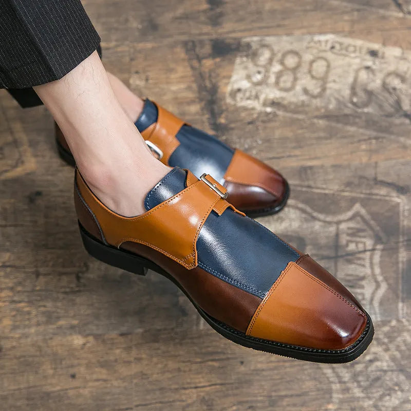Men's British retro style casual leather shoes with buckle and tall crown upper in brown blue colour