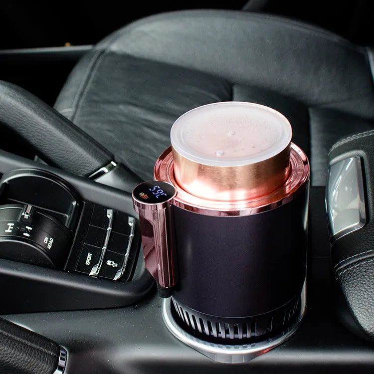 Black 2-in-1 car cup holder with digital temperature display showing heating and cooling functions for vehicle use
