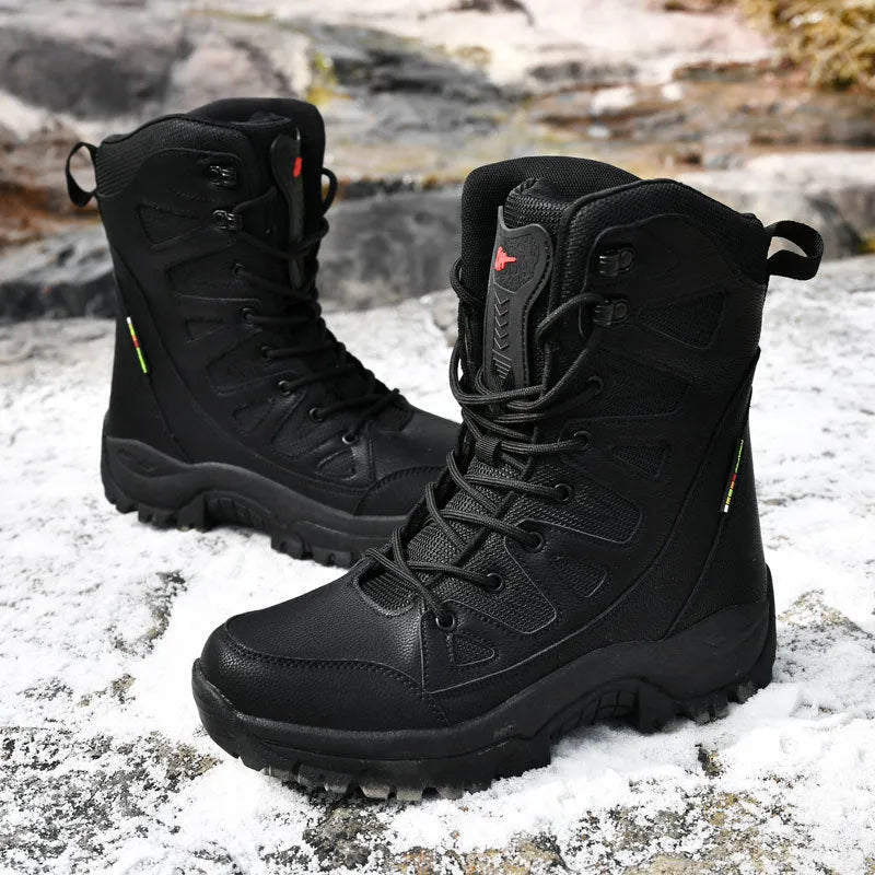 Beige cowhide leather hi-top hiking shoes on a rocky outdoor trail