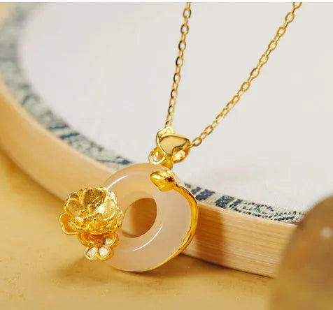 925 silver peach blossom pendant necklace with white chalcedony peace buckle and electroplated finish on regular chain