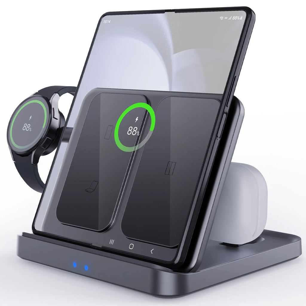 Three-in-one foldable wireless charger desktop bracket, 15W Type C, FOD protection, 142.5x137x23mm, for Z Fold and Pixel Fold