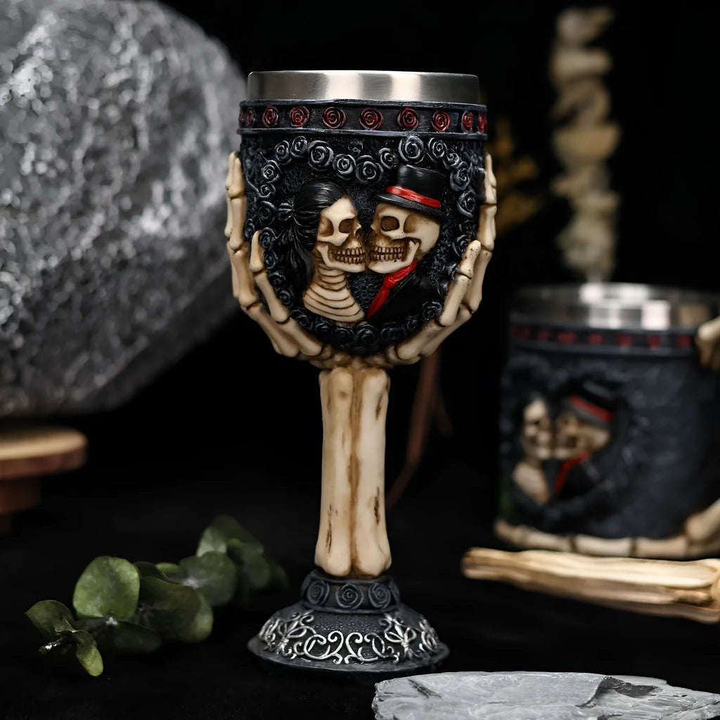 Stainless steel goblet with a red and black resin skeleton design, holding 200ml.