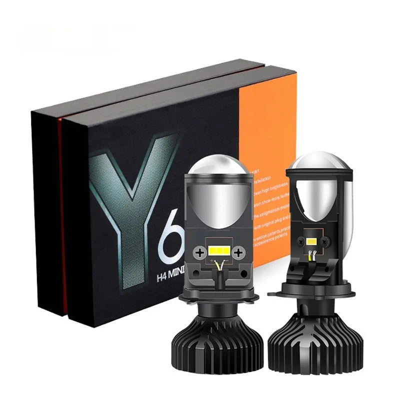 H4 far and near integrated LED headlight with aluminium alloy body and small lens, 12V IP65 rated