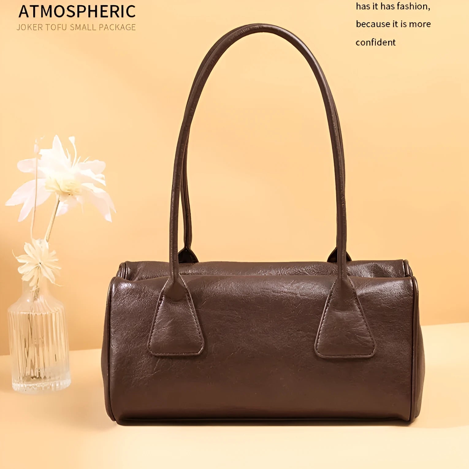 PU shoulder underarm bag, horizontal square shape, 32x16x15 cm, with zipper pocket and double shoulder straps