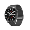 Black smartwatch with 1.45-inch screen on a silicone strap, showing heart rate monitoring display.