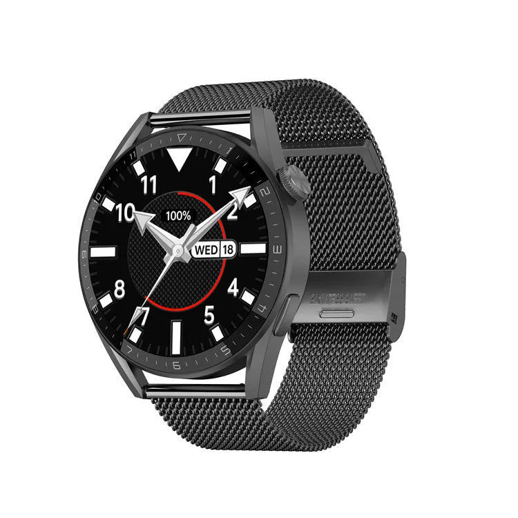 Black smartwatch with 1.45-inch screen on a silicone strap, showing heart rate monitoring display.