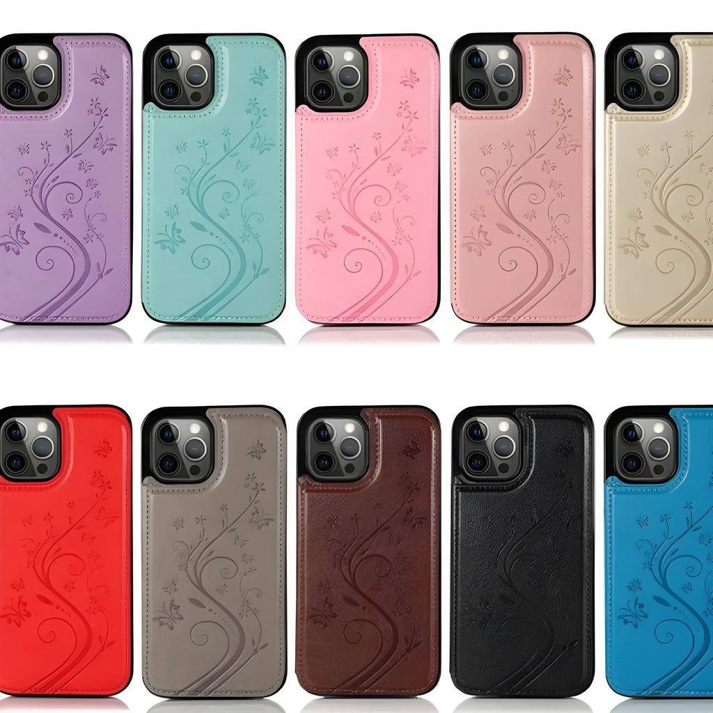 Butterfly embossed leather phone case, rear cover style, available in light purple, mint green, pink, and other colours.