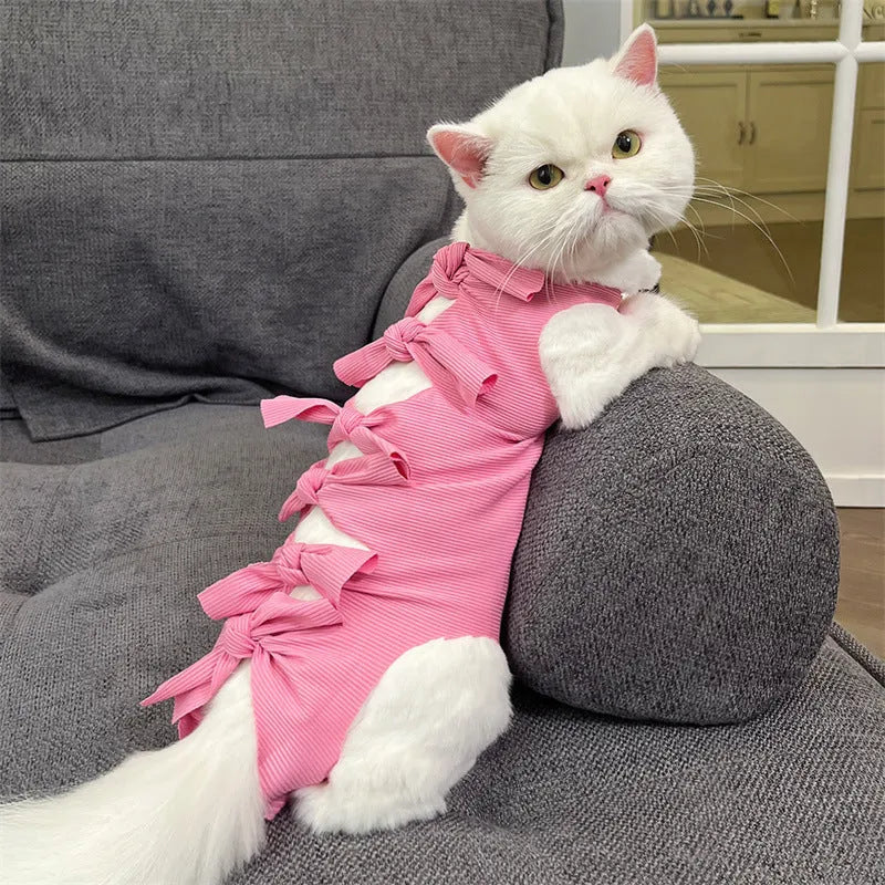 Lace-up polyester cat sterilisation clothing shown in blue, with size and colour options displayed.