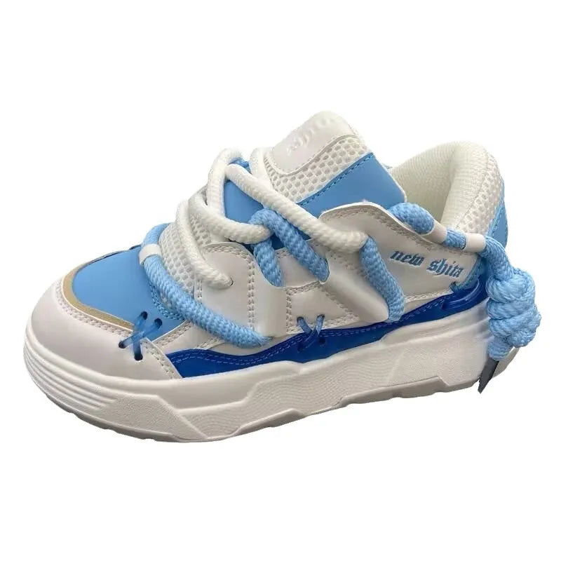 Women's grey retro clunky sneakers with thick sole and 6-8cm heel height on white background