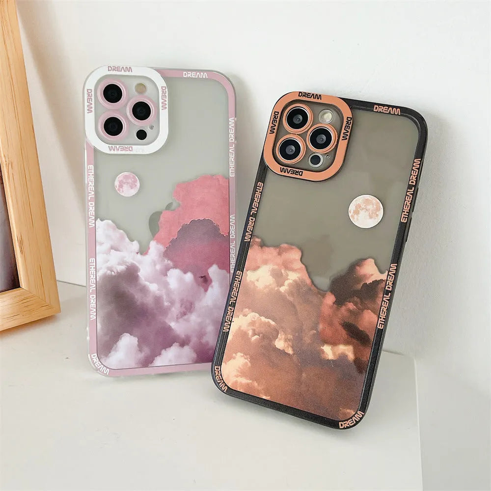 Sunset clouds design TPU protective back case for iPhone on a table.