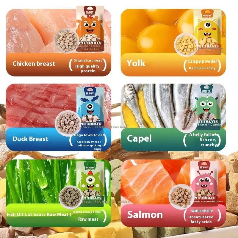 Freeze-dried pet snacks in seven flavours including chicken, salmon, and egg yolk, packaged in foil pouches