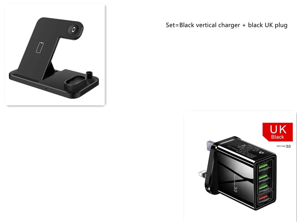 4-in-1 adjustable wireless charging station charging a phone, Apple Watch, and AirPods.