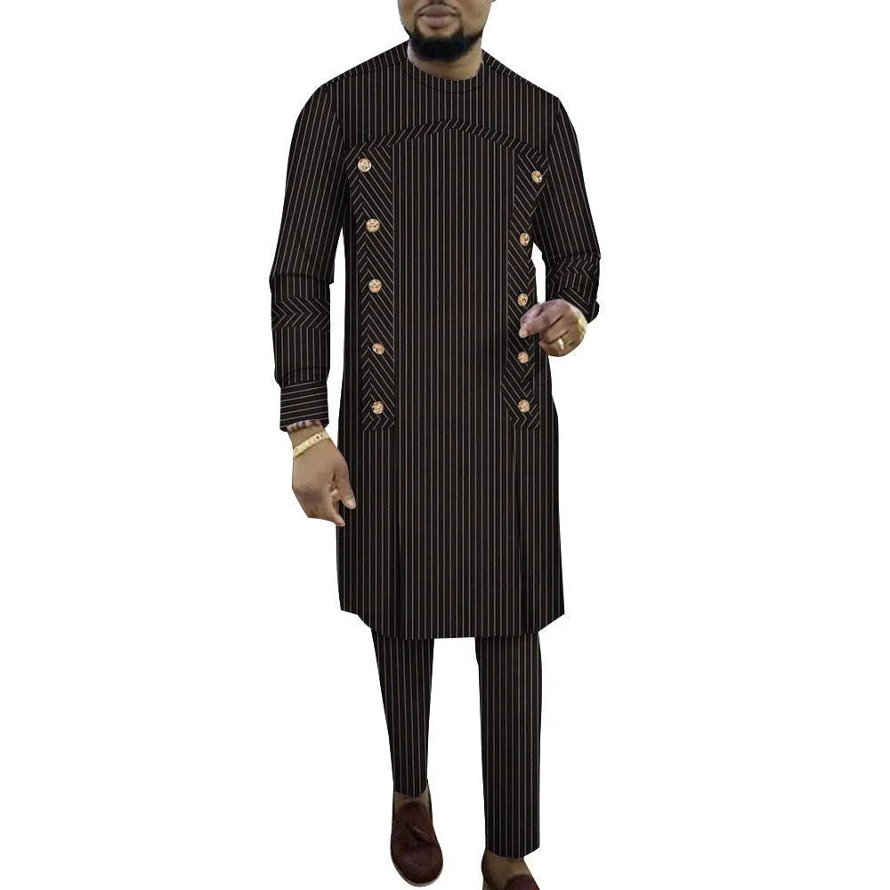 African men's striped cotton robe two-piece set showing long sleeve top and trousers in six colour variations
