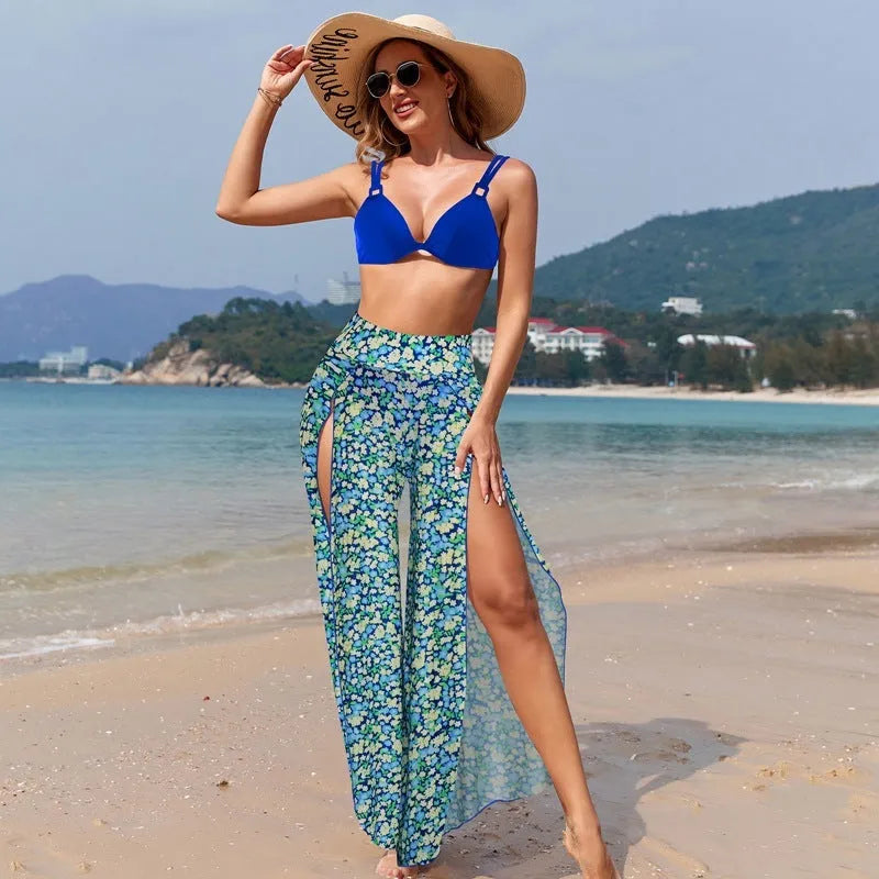 Women's three-piece bikini set in quick-dry polyester with printed design for swimming