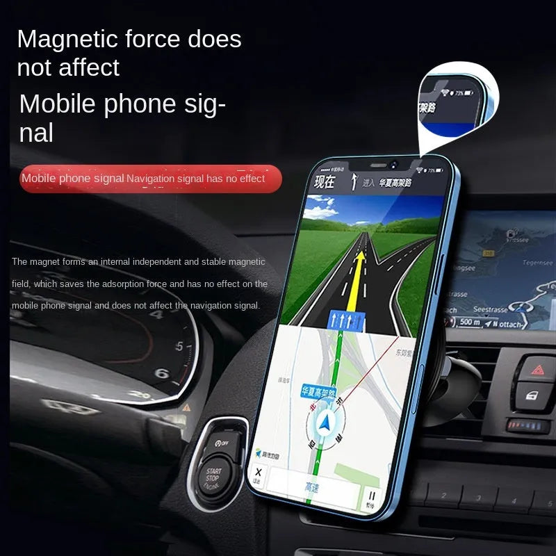 Black aluminium alloy magnetic car phone holder attached to vehicle air vent