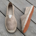 Men's round-toe casual canvas shoes in linen fabric, shown in black, dark brown, grey, and white colour options.