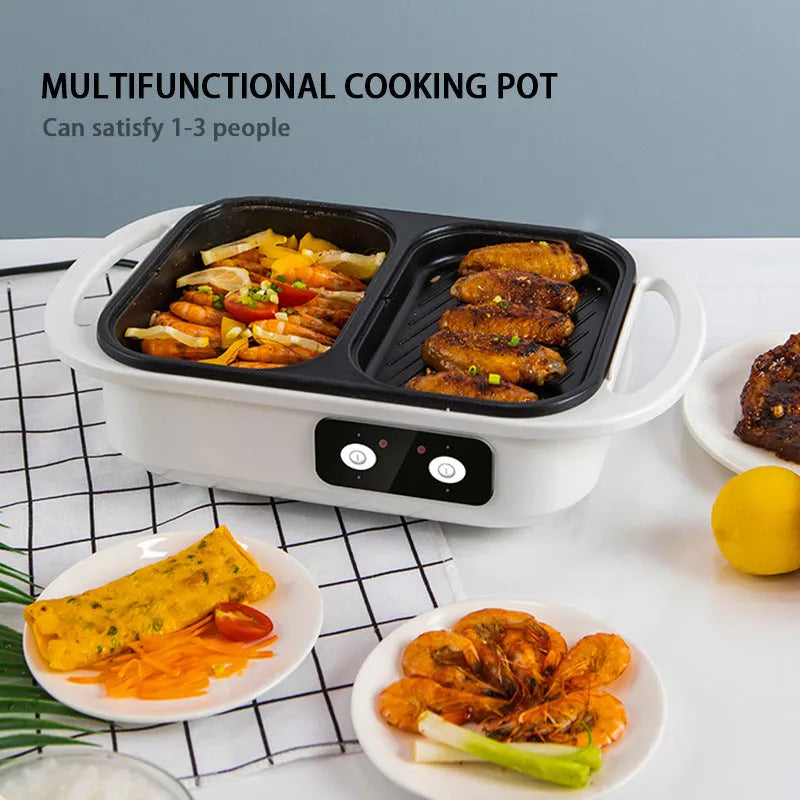 White and green household electric hot pot with dual-use caldron and frying oven function