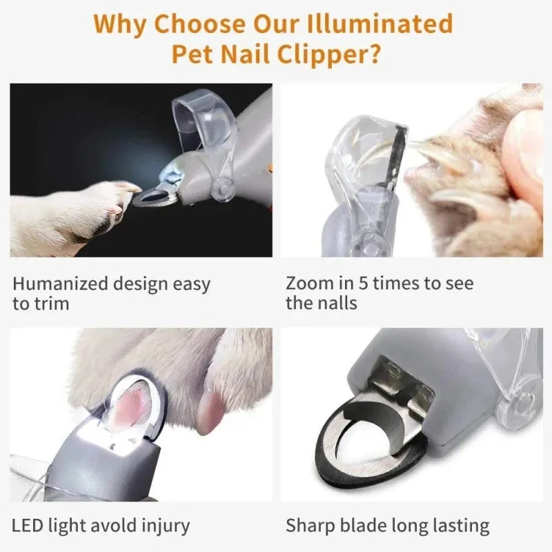 Yellow pet nail clippers with built-in LED light and magnifying lens for dogs and cats.