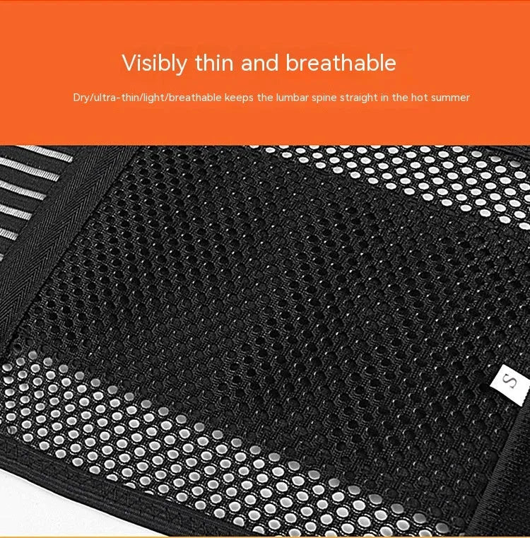 Black sports waist support belt with an internal steel plate for lumbar decompression, shown laid flat.