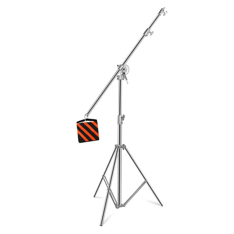 Silver stainless steel ceiling lamp rack with cross arms extended to full height