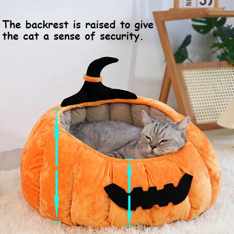 Halloween pumpkin-shaped pet bed with cartoon devil design for cats and small dogs