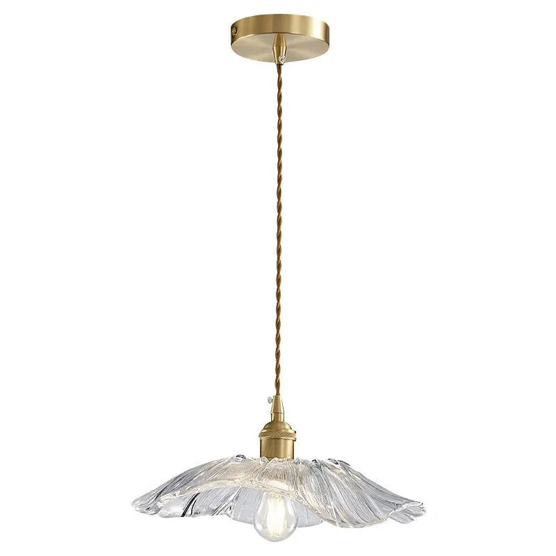 Nordic Japanese style lotus leaf shaped ceiling or pendant lamp with iron frame and glass shade.