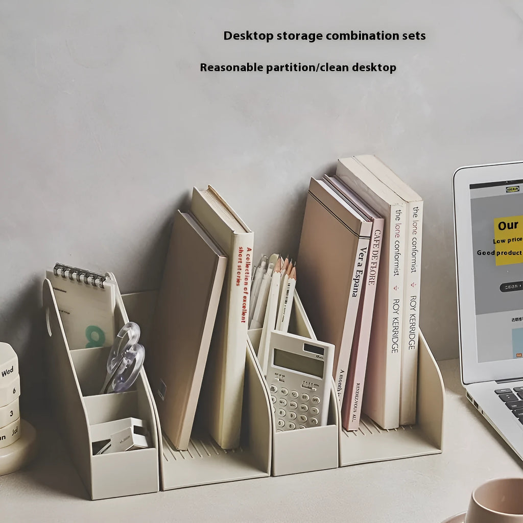 Desktop plastic storage box with two-layer shelf design in milk coffee colour