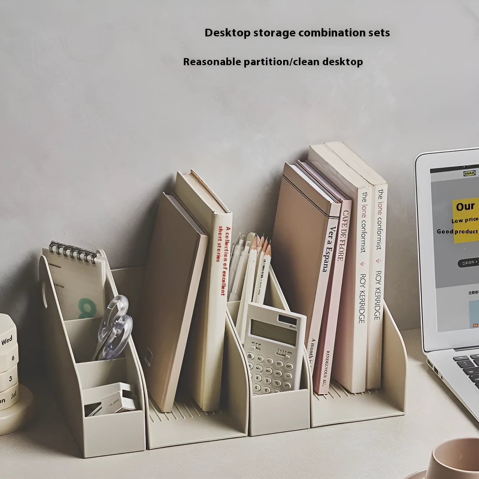 Desktop plastic storage box with two-layer shelf design in milk coffee colour