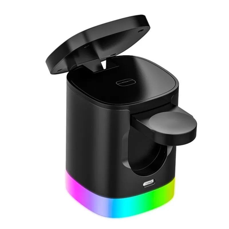 Black foldable 3 in 1 magnetic wireless charging station for phones, iWatch and AirPods with RGB indicator lights
