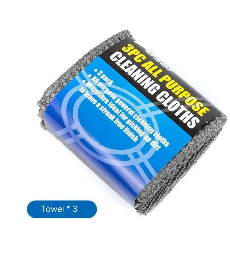 9-piece grey car cleaning set with microfiber towels, waxing wipes, sponge, gloves and tyre brush