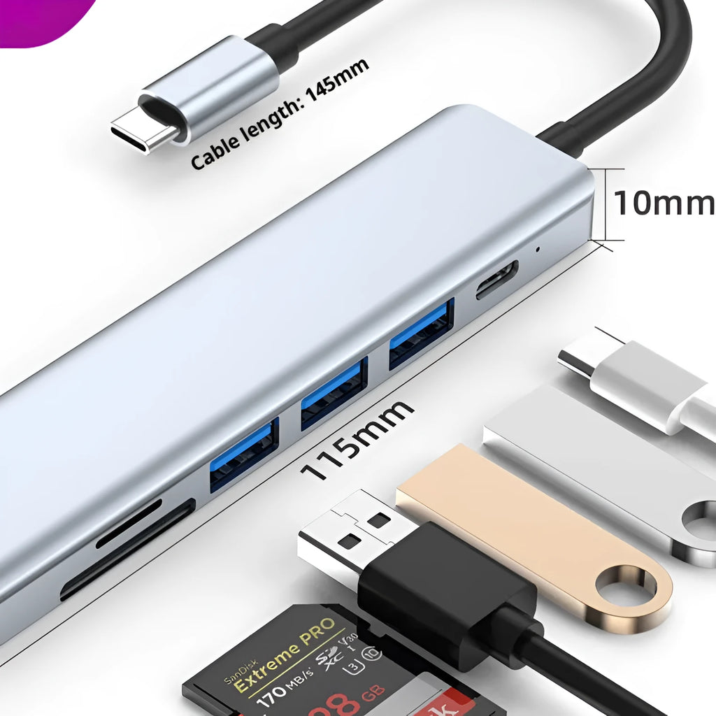 Seven-port USB-C hub expander with short cable shown next to a laptop.