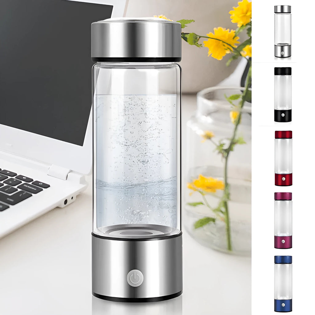 Silver hydrogen water bottle with electric generator, borosilicate glass cylinder.