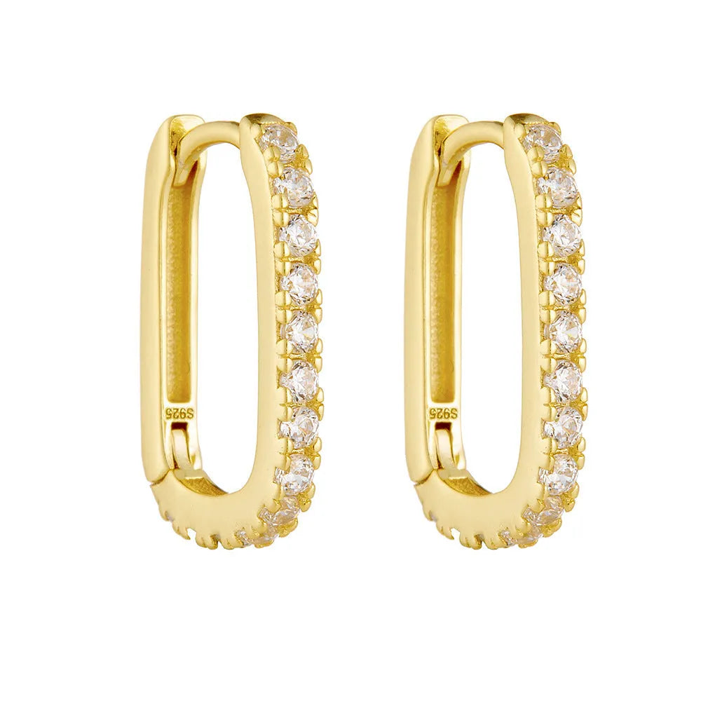 Sterling silver oval geometric ear clips with zircon stones in white or yellow finish