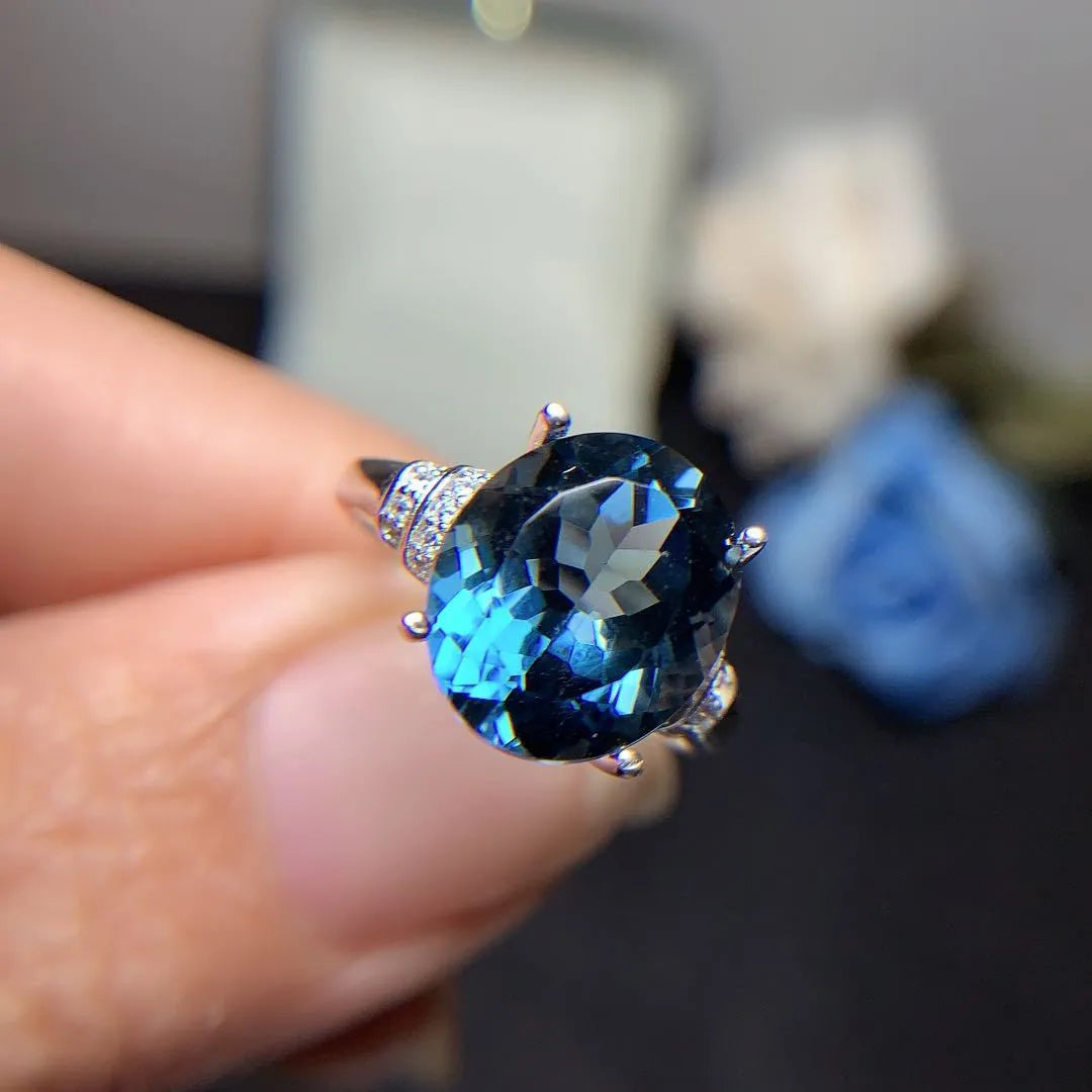 London blue topaz ring, 925 silver inlaid, 10/12mm crown-shaped dark blue stone, adjustable opening, plated finish