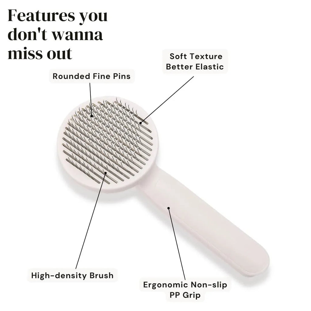 Self-cleaning pet grooming brush with blue rubber handle and stainless steel bristles