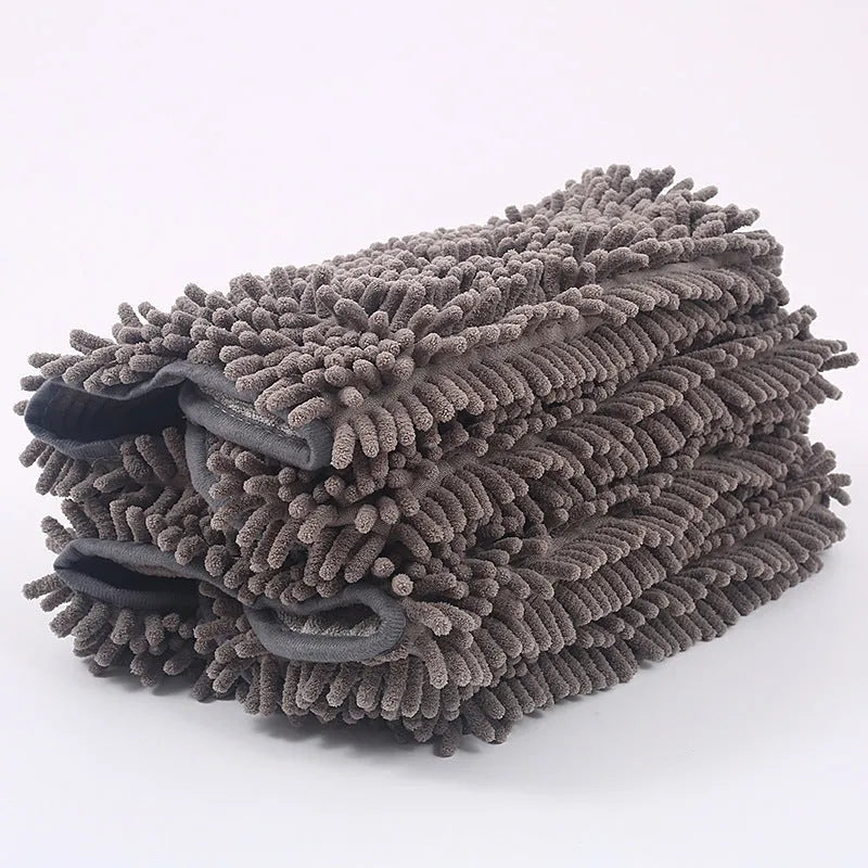 Grey chenille pet towel for dogs and cats, absorbent fibre bath towel supplied as one piece