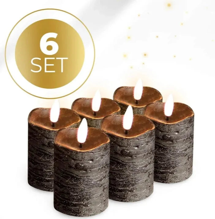 Black S6 model LED pillar candle with flickering flame effect, shown at its 5x7 cm size.