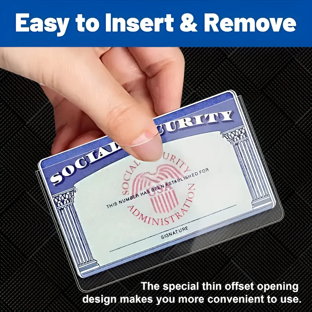 Transparent PVC social security card holder showing 9.7x5.9cm waterproof ID protector