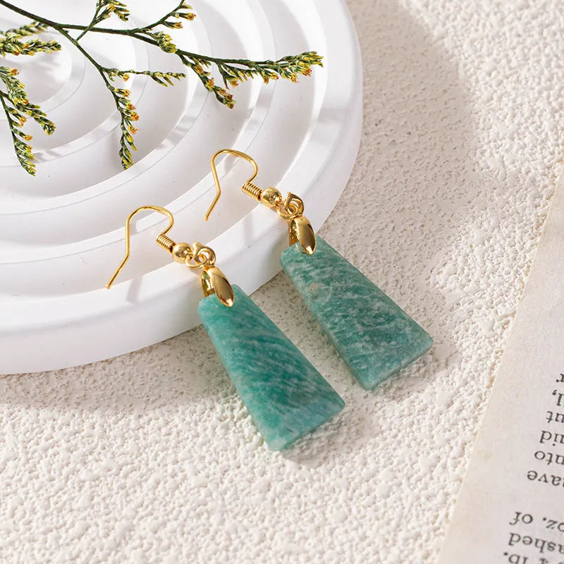 Amazonite trapezoid earrings with rough stone texture in gold and silver colours