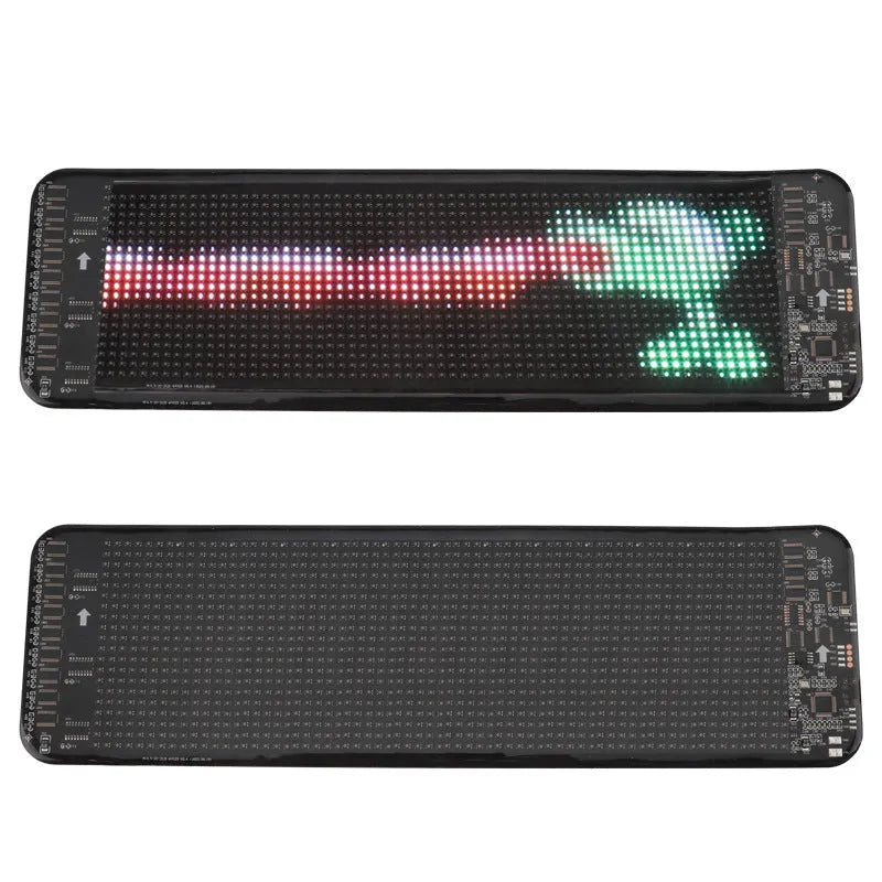 Black flexible LED screen for adhesive mounting on a car rear windscreen, showing a coloured message display.