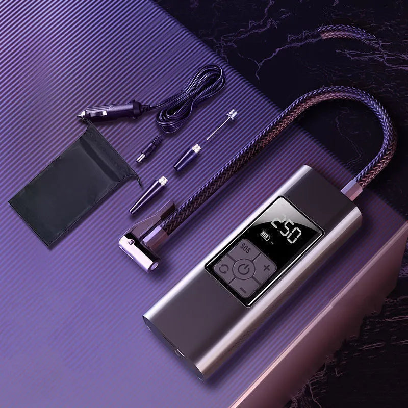 Metal portable air pump with digital display, 80W, 10L/min, 12V and USB charging, 240 x 60 x 44mm, in storage bag