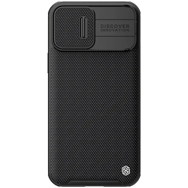Black textured PC and TPU sliding back cover case for Apple iPhone 13 Pro Max on a white background.