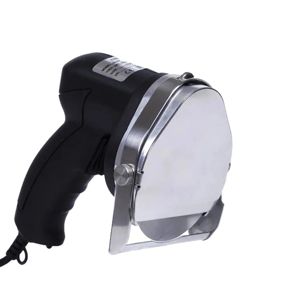 Black electric meat cleaver with EU plug for processing turkey and barbecue meats.