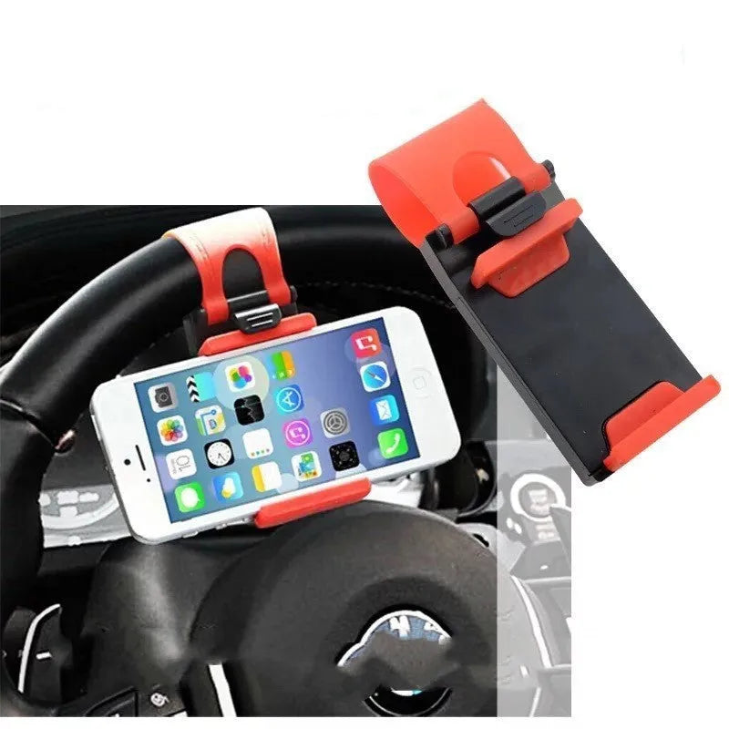 Steering wheel mobile phone holder in five colour options showing compact 75mm ABS construction