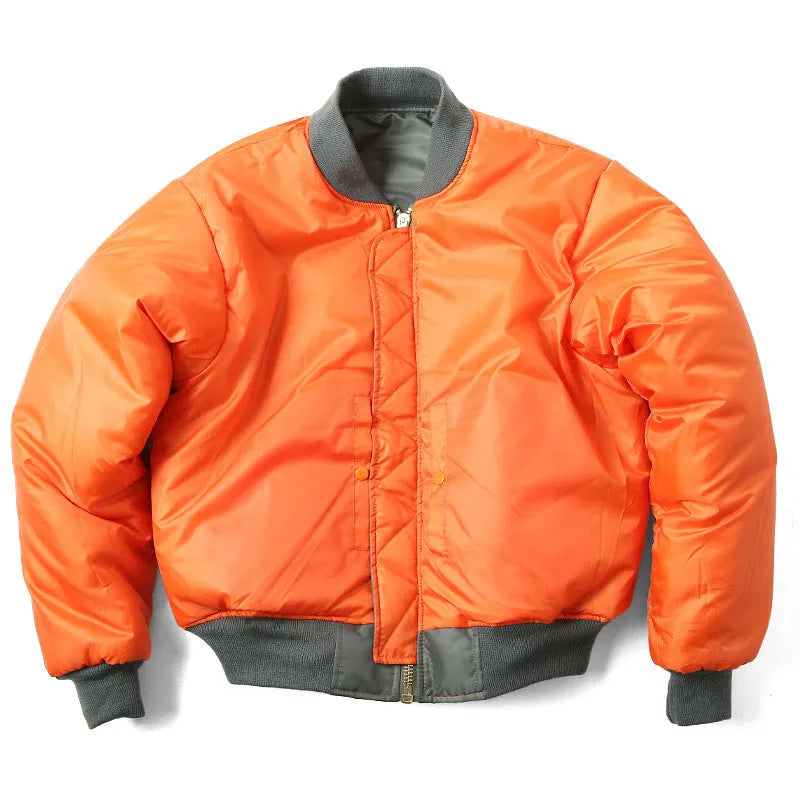 Men's reversible nylon pilot jacket in army green, shown on a model, displaying its loose fit and double-sided design.