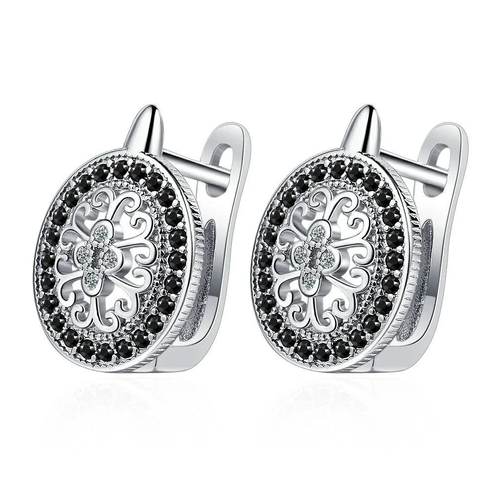Diamond-encrusted round small ear clip earrings for women copper plated platinum finish geometric shape