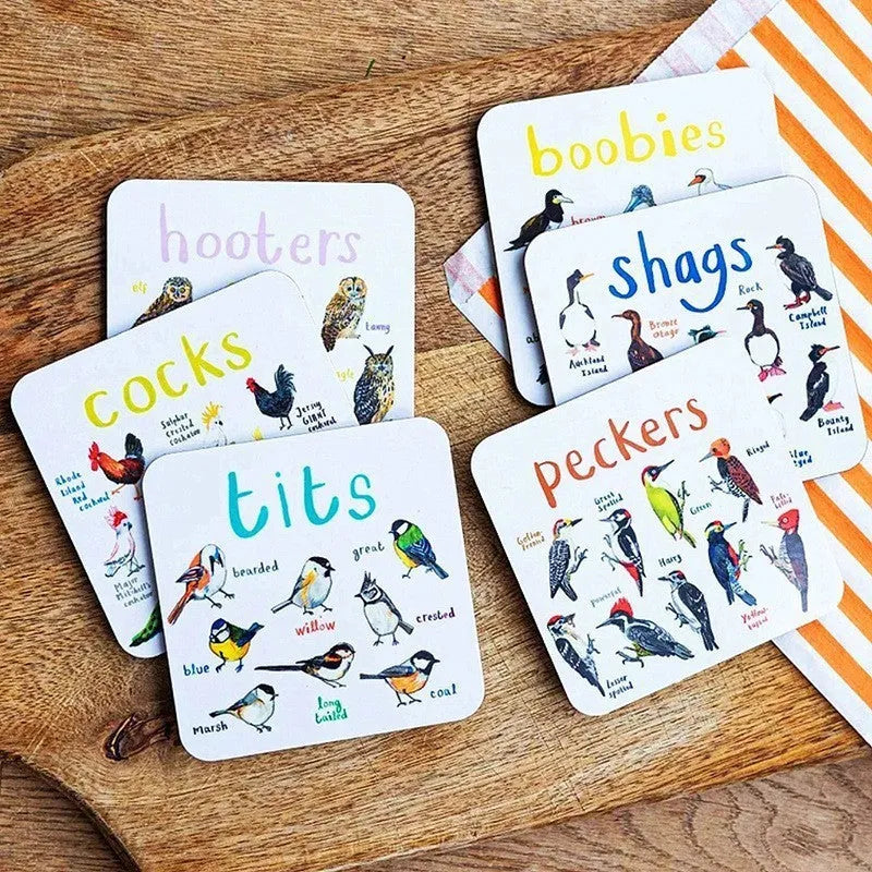 Set of 6 square bird pun coasters with PVC material, flower design, 10x10x0.35 cm each