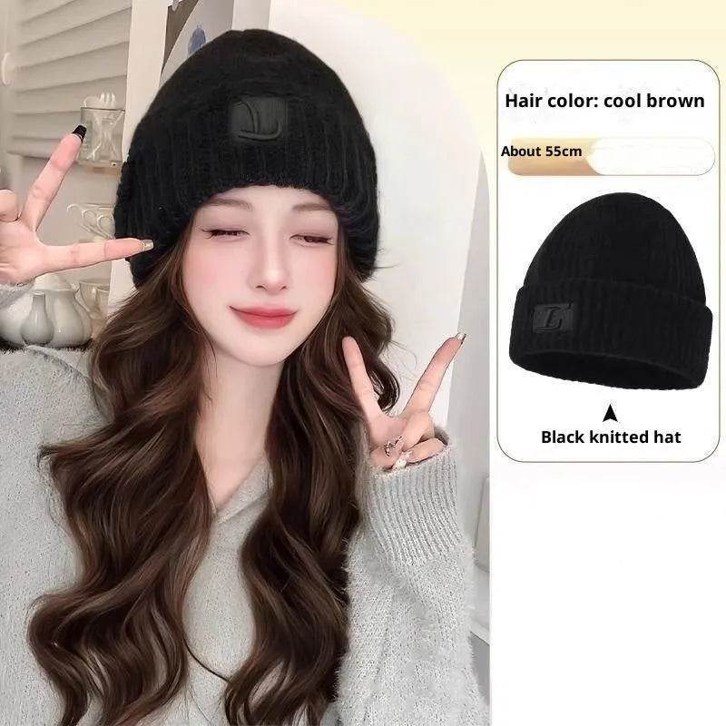 Hat wig for big heads with big wave style in brown black colour, protein filament material