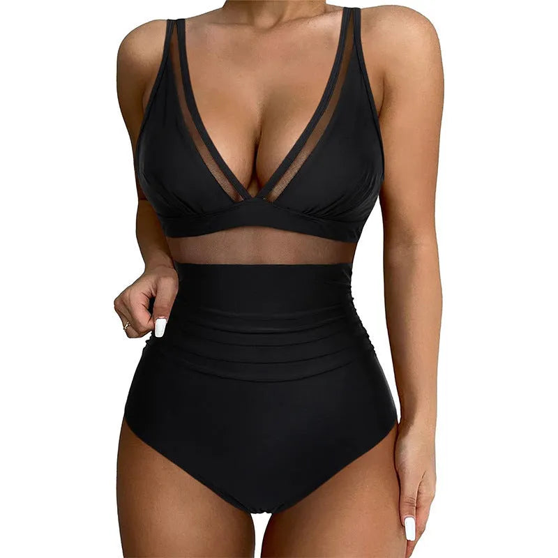 Black women's one-piece swimsuit with halter neck and briefs style.