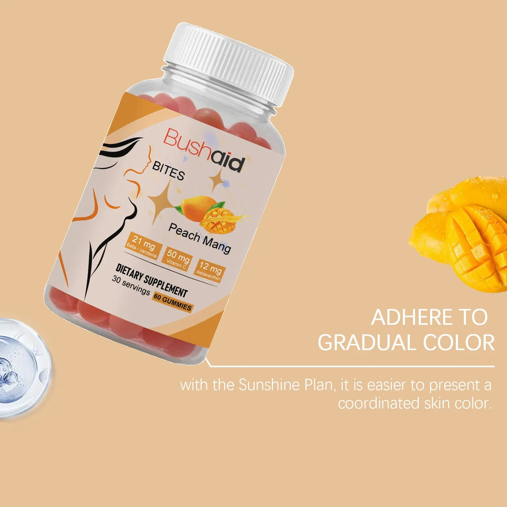 BUSHAID Tanning Gummy Candies dietary supplement bottle showing 60 vegan soft gummies with astaxanthin.